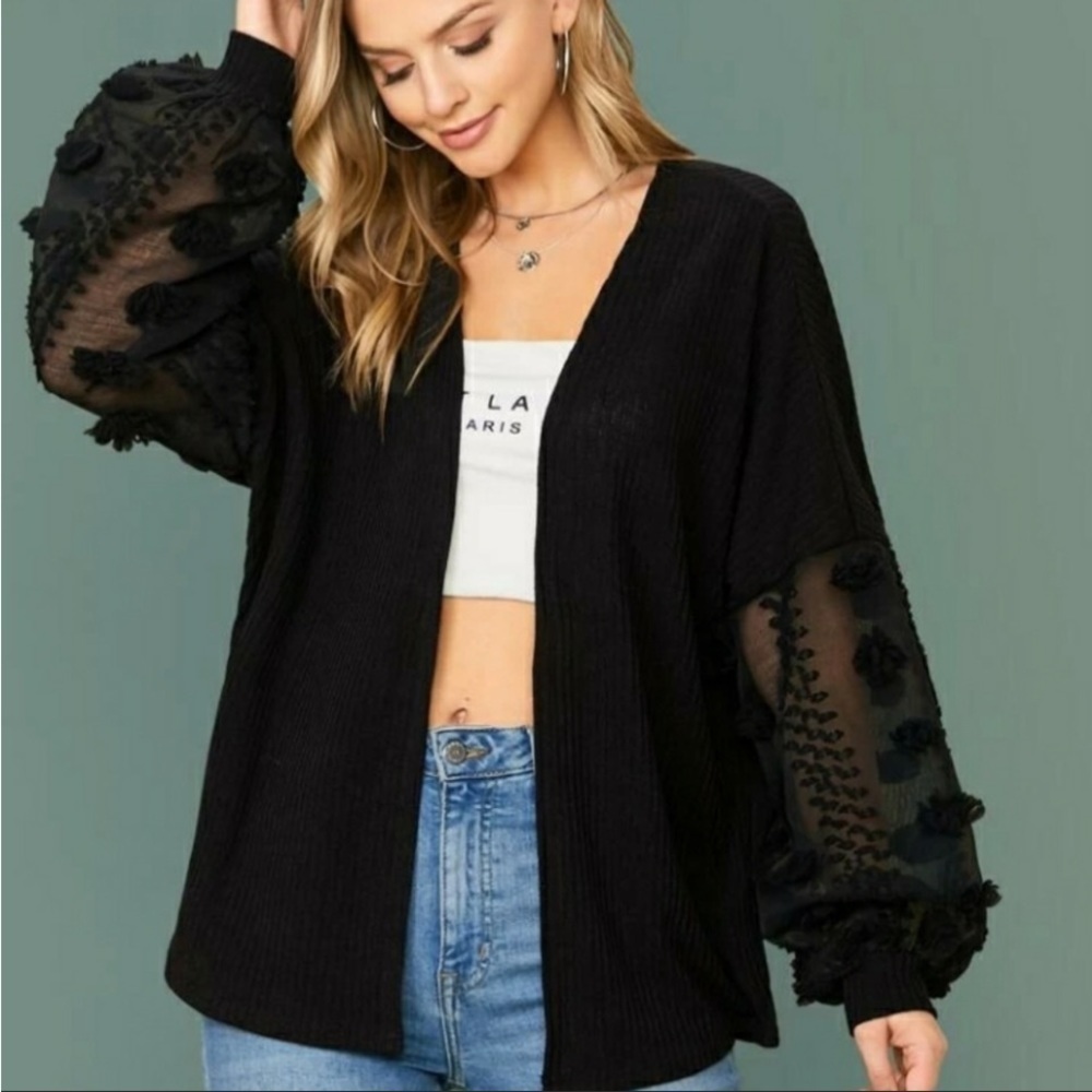 SHEIN black tulle and applique pom long sleeves open front fashionable cardigan